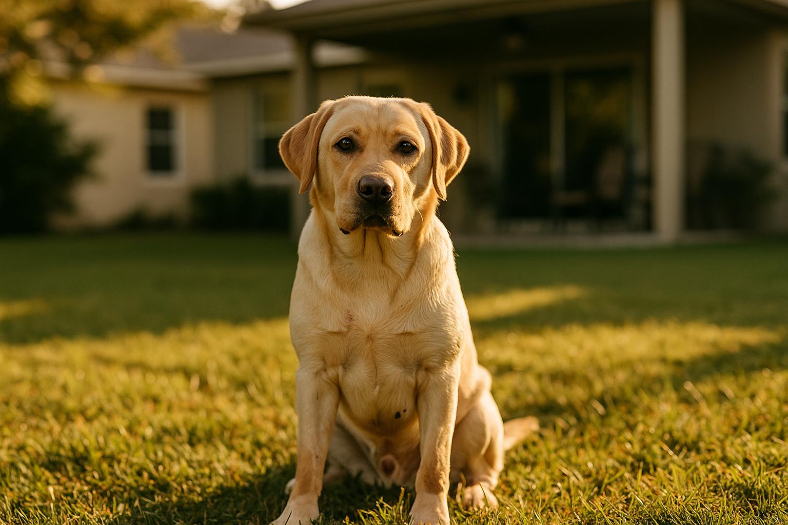 Newton, a 9-month-old Labrador retriever, sitting in a Lakewood Ranch backyard during golden hour.