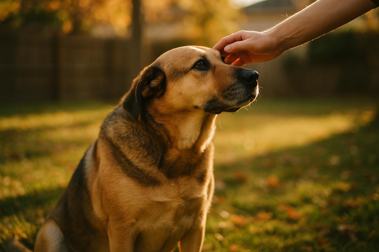 Sadie, a 1.5-year-old, 79-pound mixed-breed dog, sitting in a backyard and leaning into a person’s hand for pets