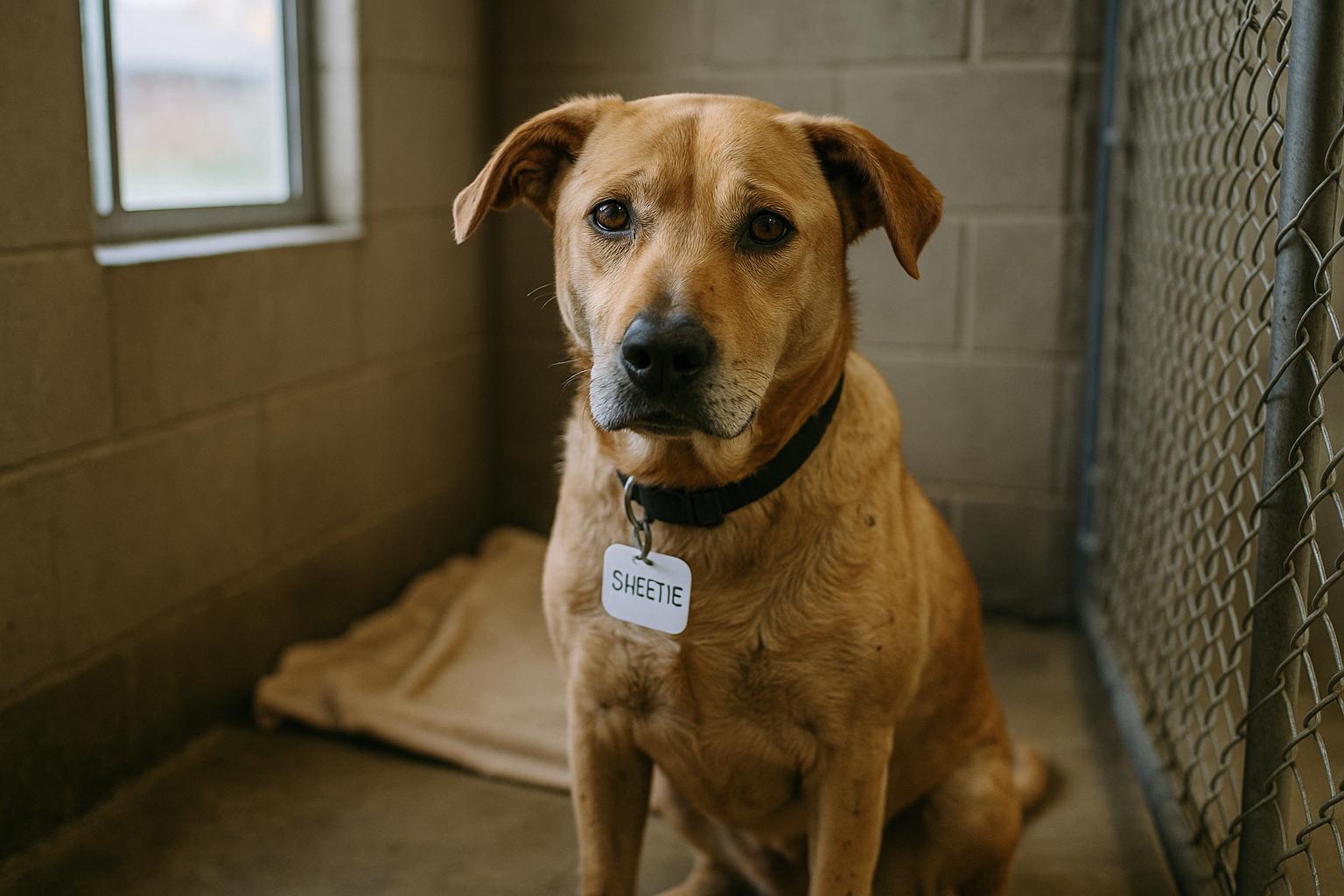 Sweetie, a 3-year-old lab mix, sitting calmly in a shelter kennel with soft window light