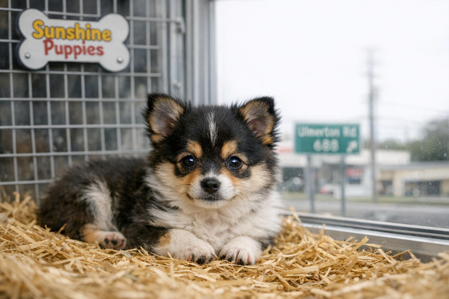 A small puppy resting inside a store enclosure at Sunshine Puppies, with soft diffused light and realistic fur texture.