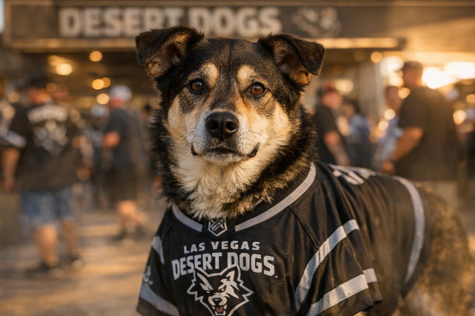 Medium-sized mixed-breed dog wearing a Las Vegas Desert Dogs jersey in a stadium concourse, golden hour lighting