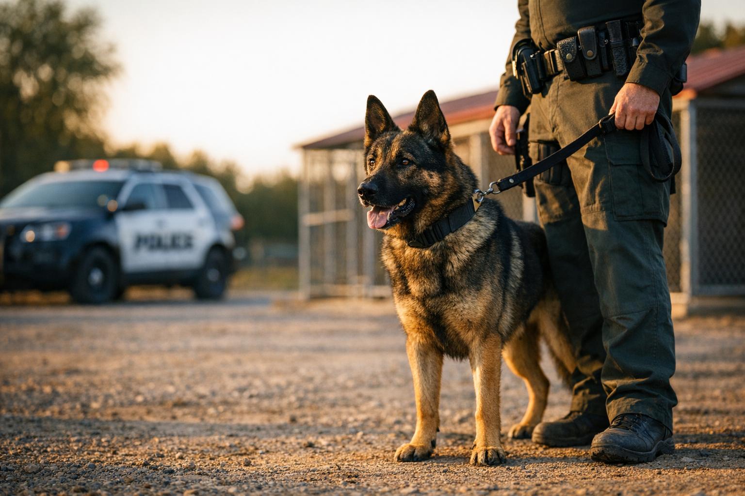A police K-9 stands beside its handler outside a patrol vehicle at a rural law enforcement facility.
