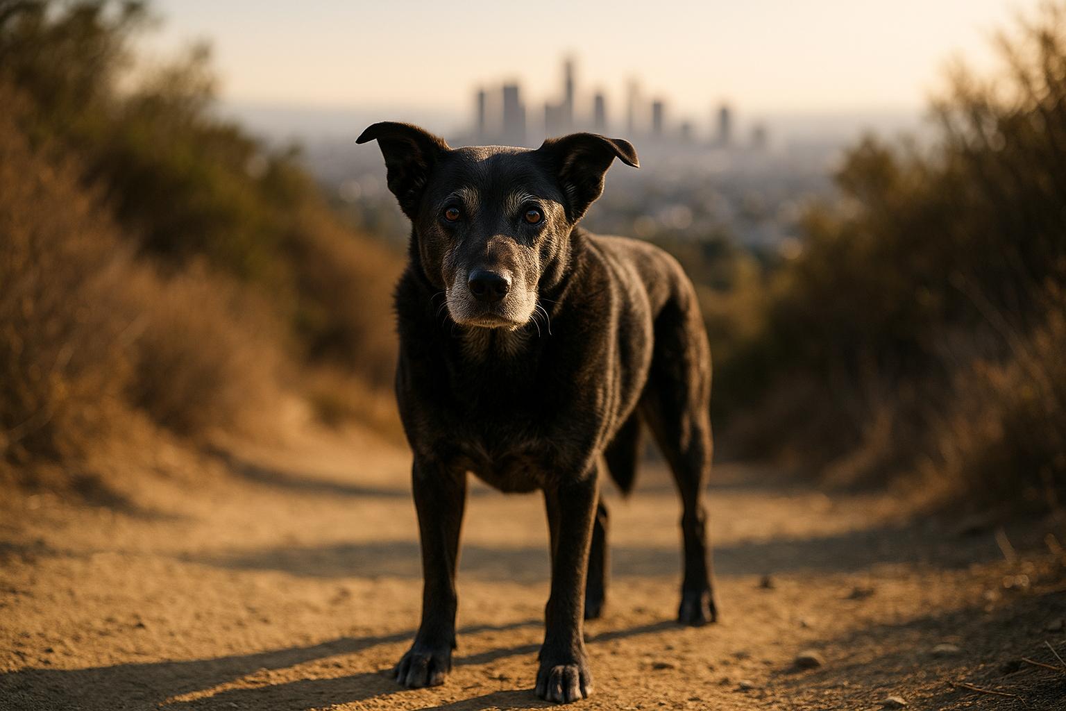 Maggie May, a 13-year-old black Lab/Australian cattle dog mix, standing on a sunlit Los Angeles trail