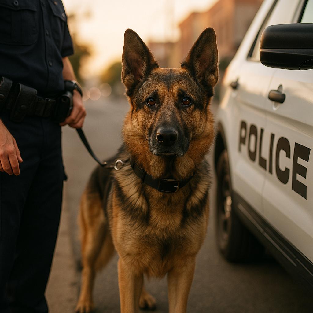 Police K-9 standing alert beside a patrol vehicle during golden hour