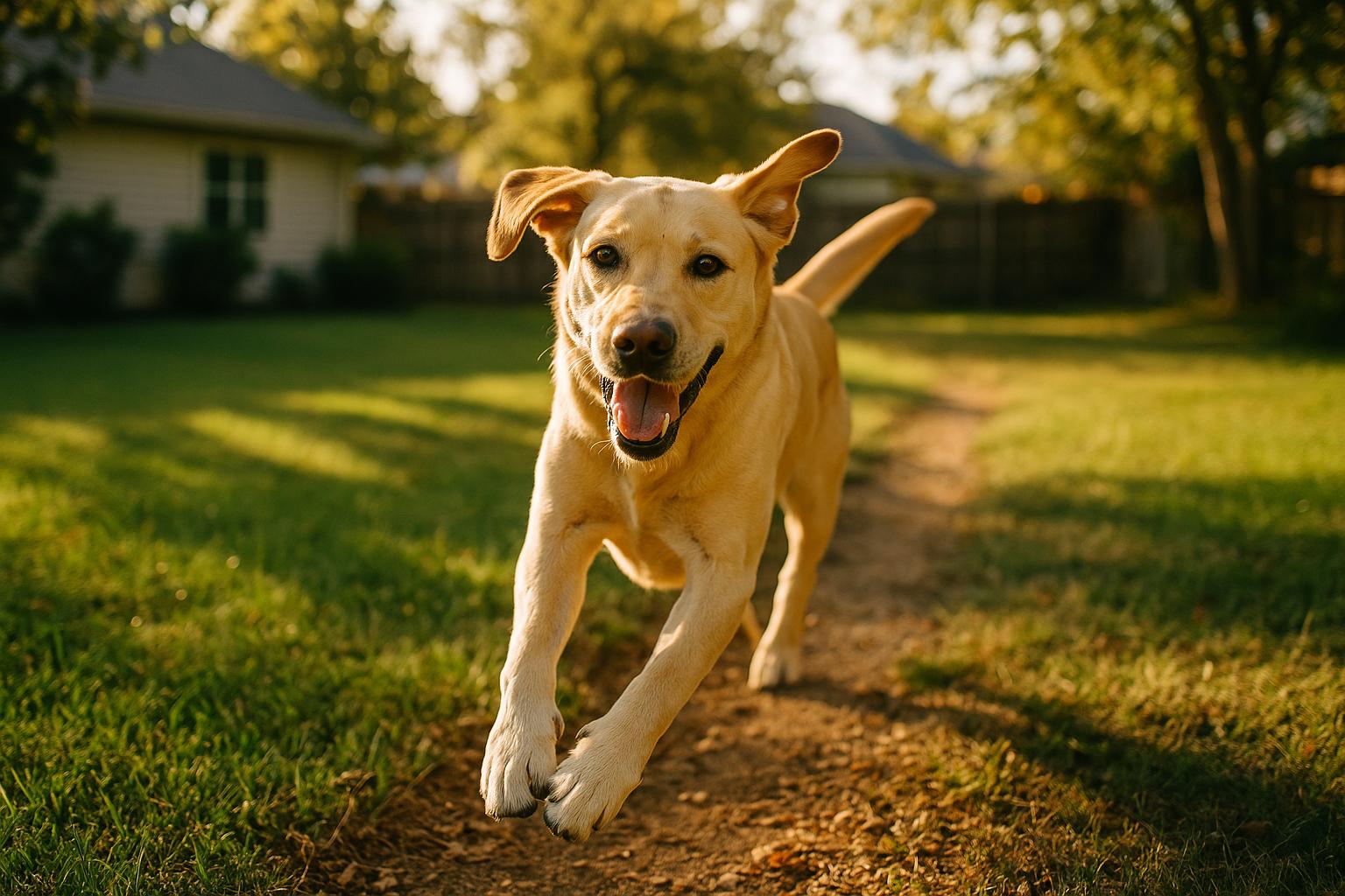 Labrador Retriever running across a suburban backyard in golden hour light, with trails and mixed lawn in the background.
