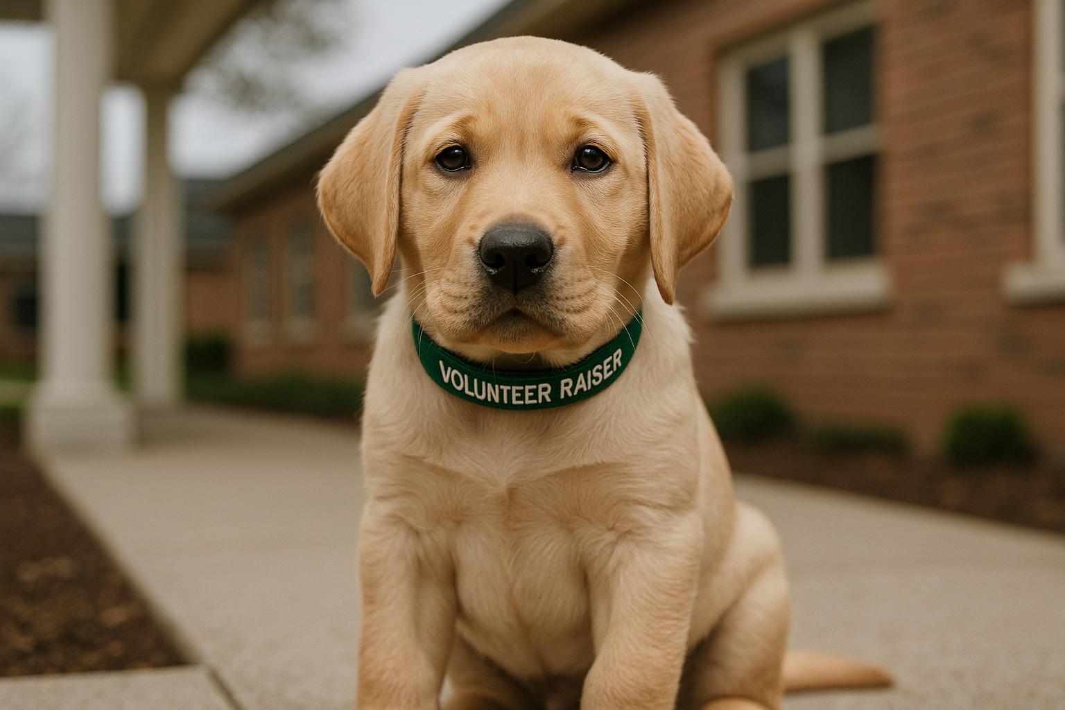 Labrador-retriever–type puppy wearing a volunteer raiser collar on a campus porch