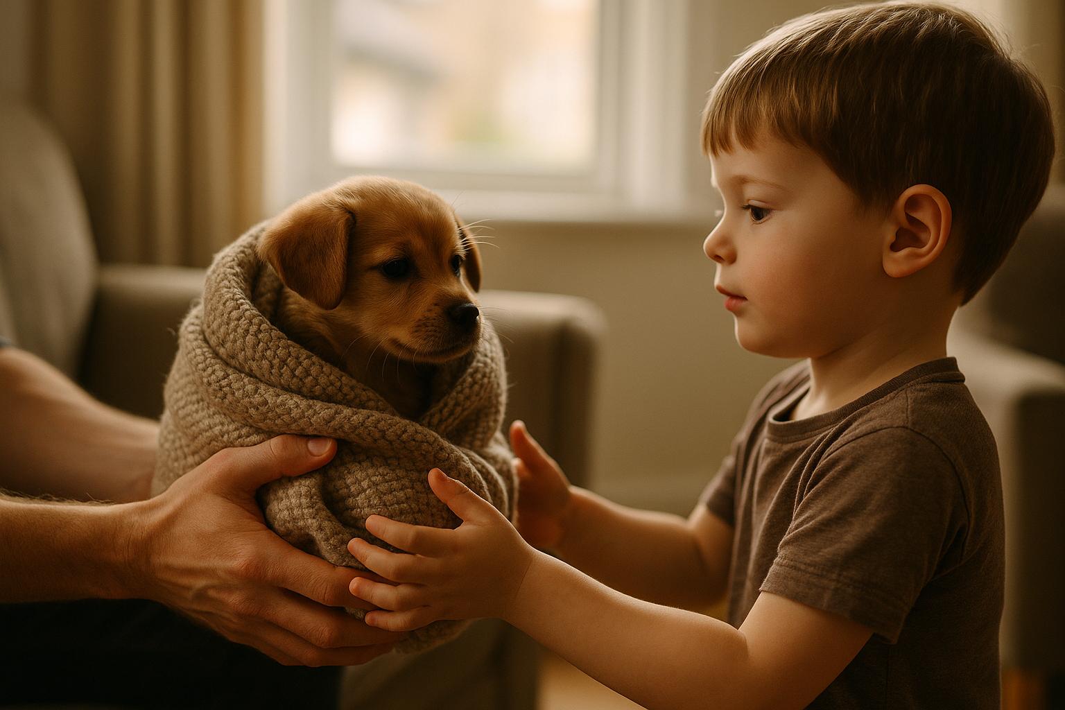 A small puppy wrapped in a thick blanket being handed to a young boy, captured in soft natural light