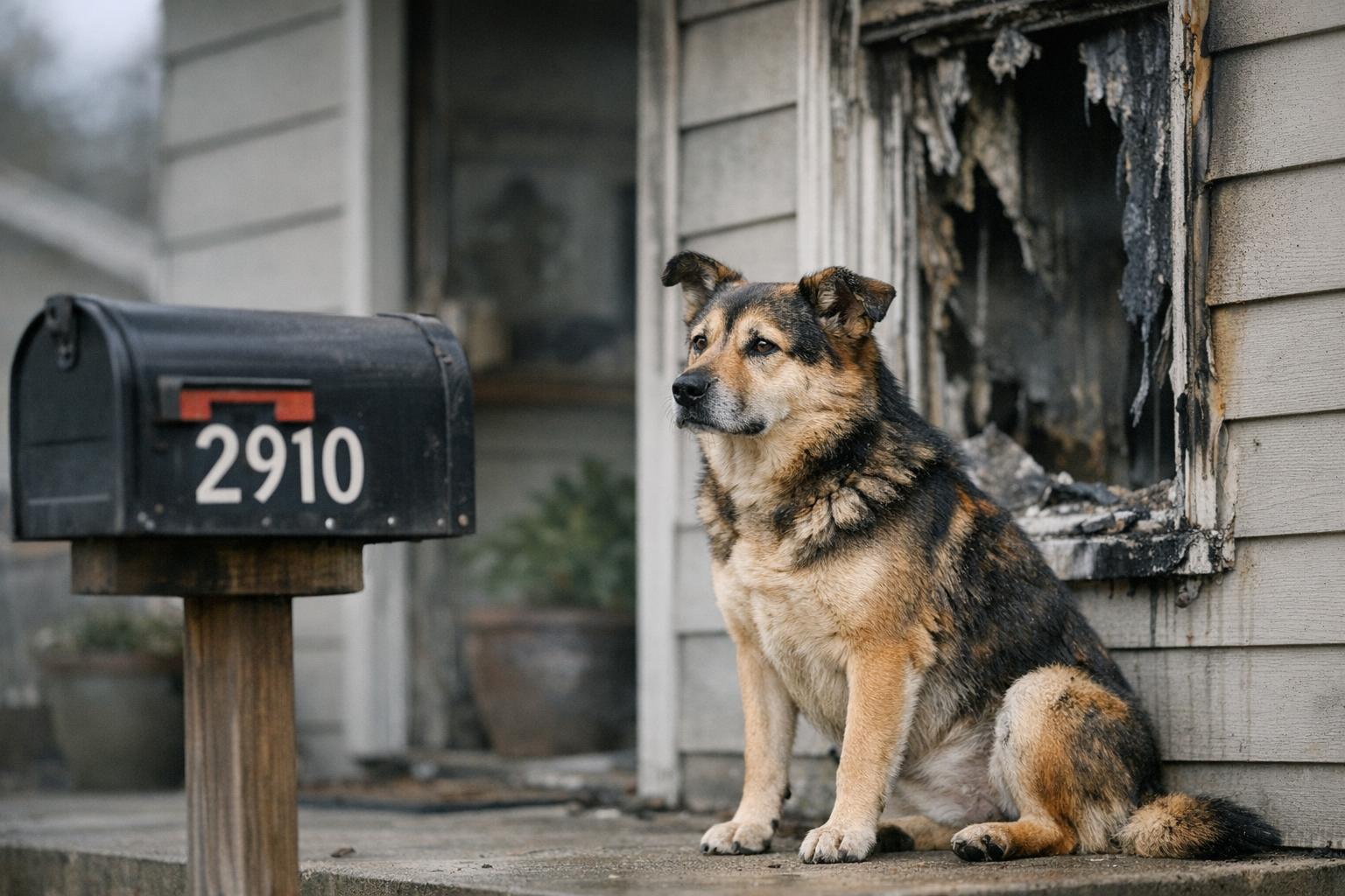 A medium-sized mixed-breed dog sitting on a front porch near a damaged window at a Lehigh Acres home