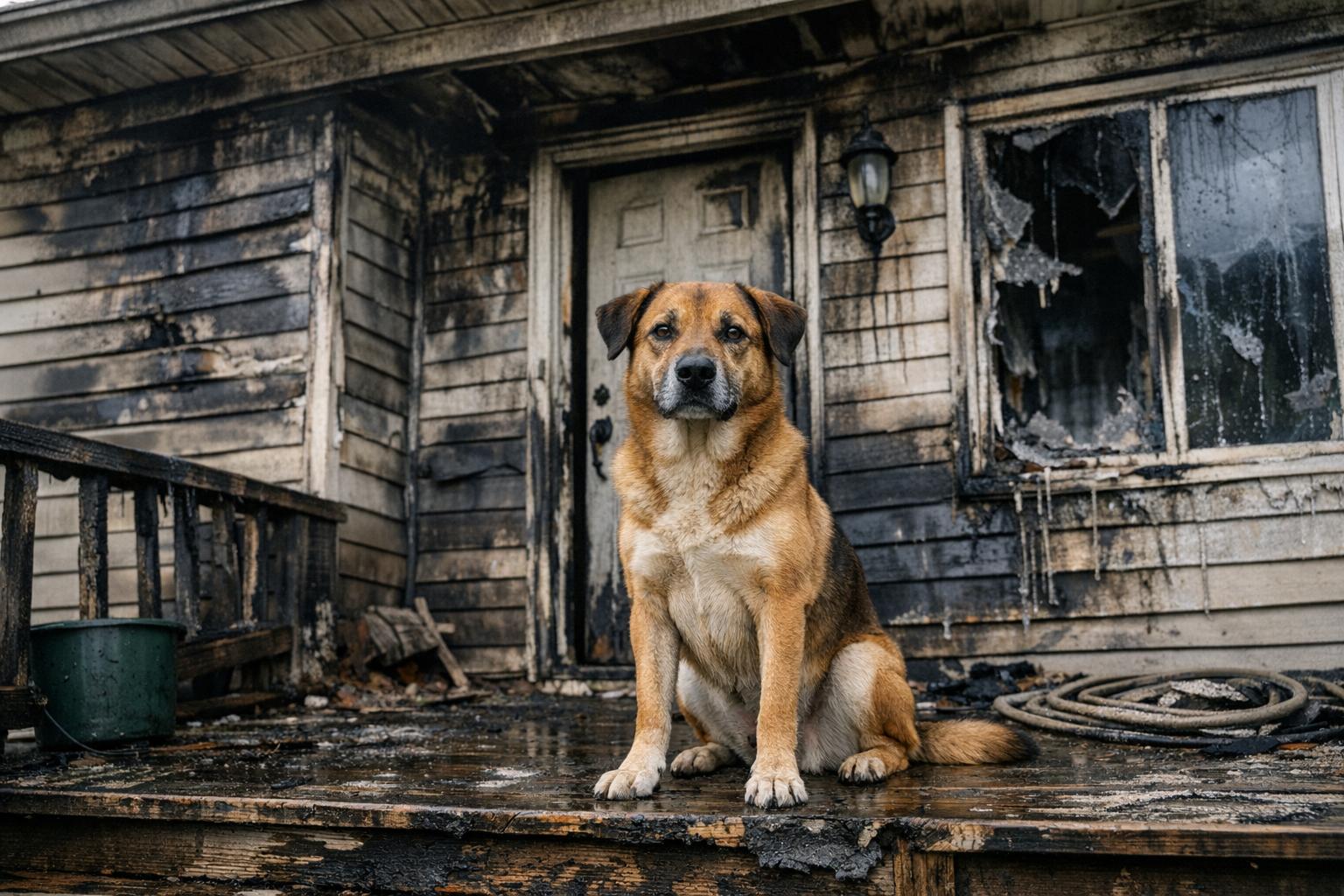 An adult dog sitting on the porch of a damaged suburban house in Lehigh Acres with smoke and water marks visible on the exterior.