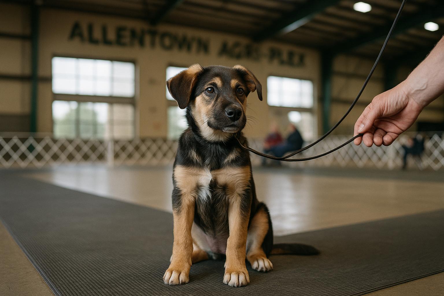 Puppy aged 4-6 months sitting on a mat inside an indoor show ring at the Allentown AgriPlex, handler holding a leash at the edge of frame.
