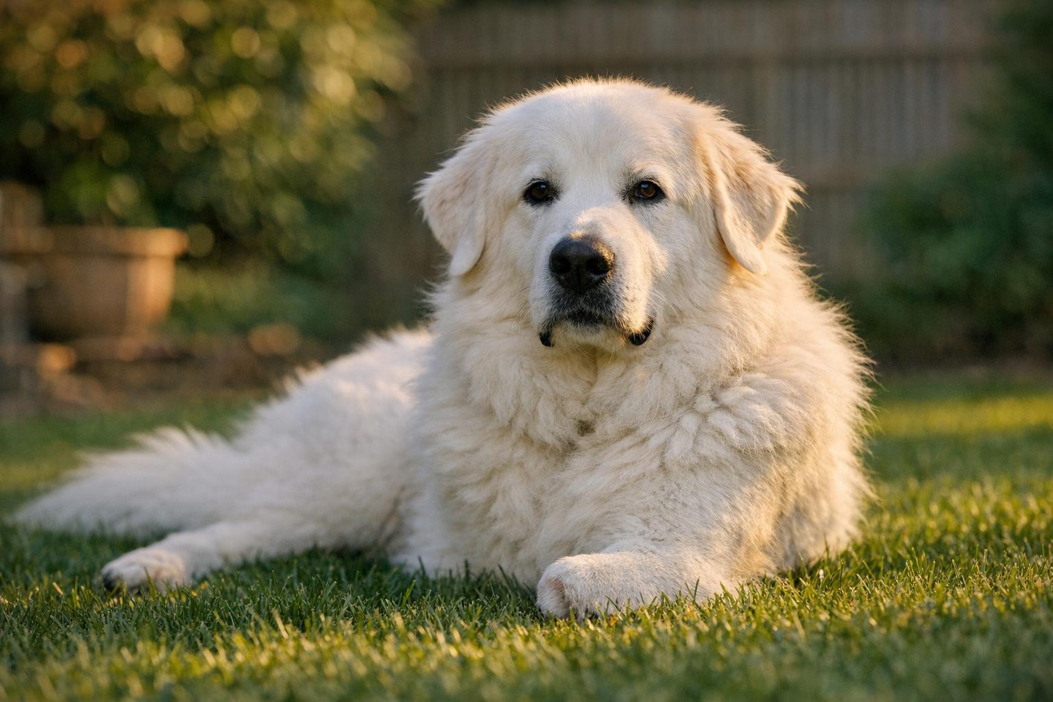 Leo, a three-legged white Great Pyrenees, resting calmly in a backyard during golden hour