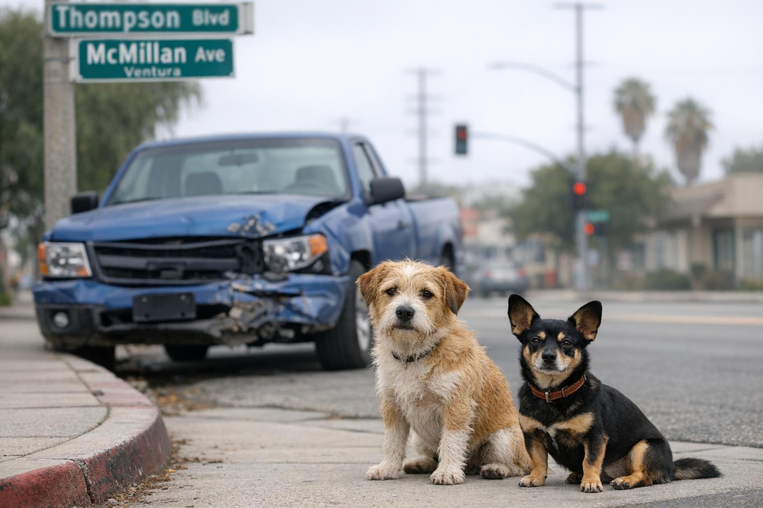 Two dogs sitting on a suburban sidewalk near a blue pickup truck with front-end damage at an intersection in Ventura