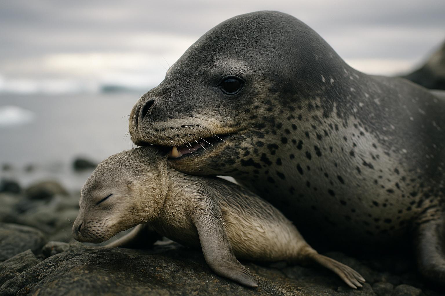 A female leopard seal on a rocky Patagonian shore with a deceased pup held gently in her mouth, photorealistic.