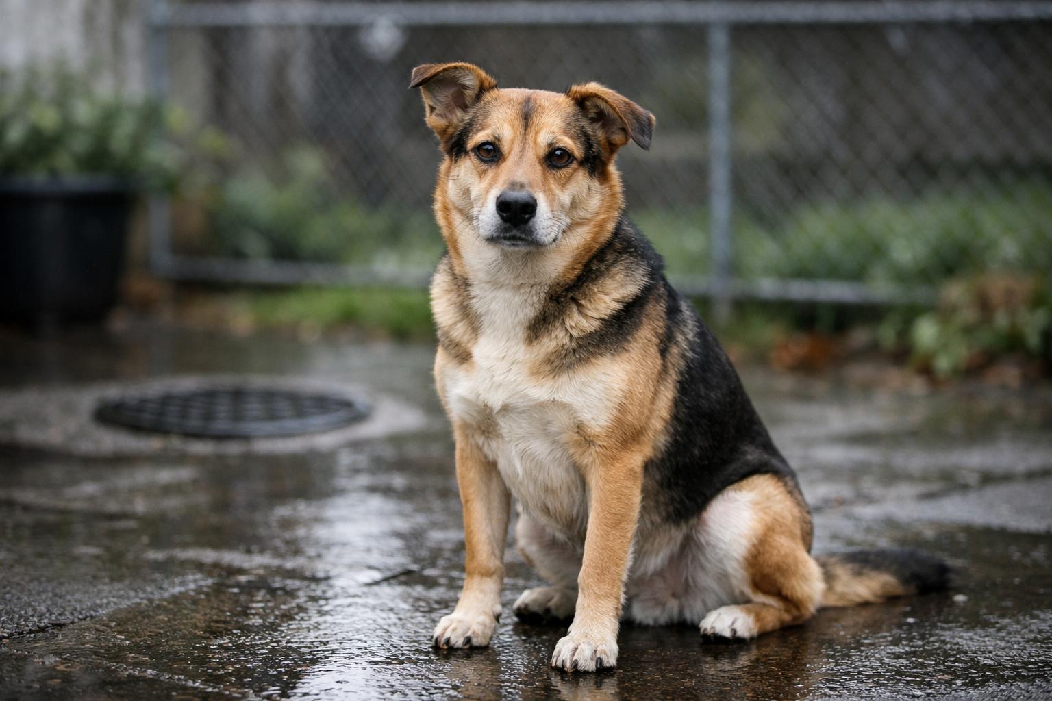 Mixed-breed dog sitting in a suburban backyard, photographed in overcast light