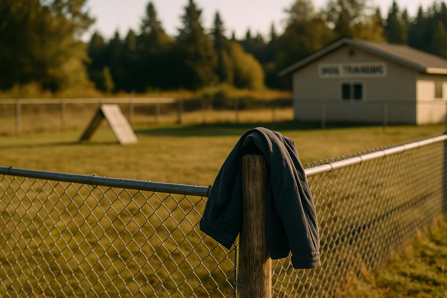 Exterior of a dog training facility fence post with a handler's jacket draped over it, sunlow light, rural training field in the background