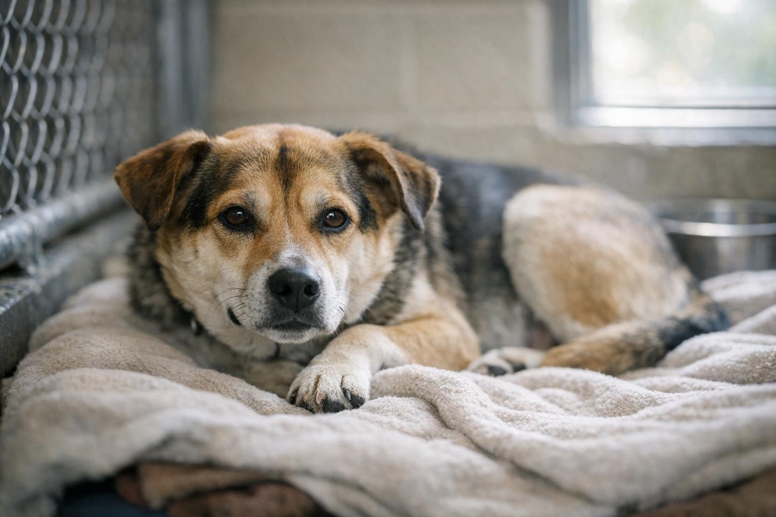 A mixed-breed dog resting on a blanket inside a shelter kennel, calm and alert, photographed in natural light.