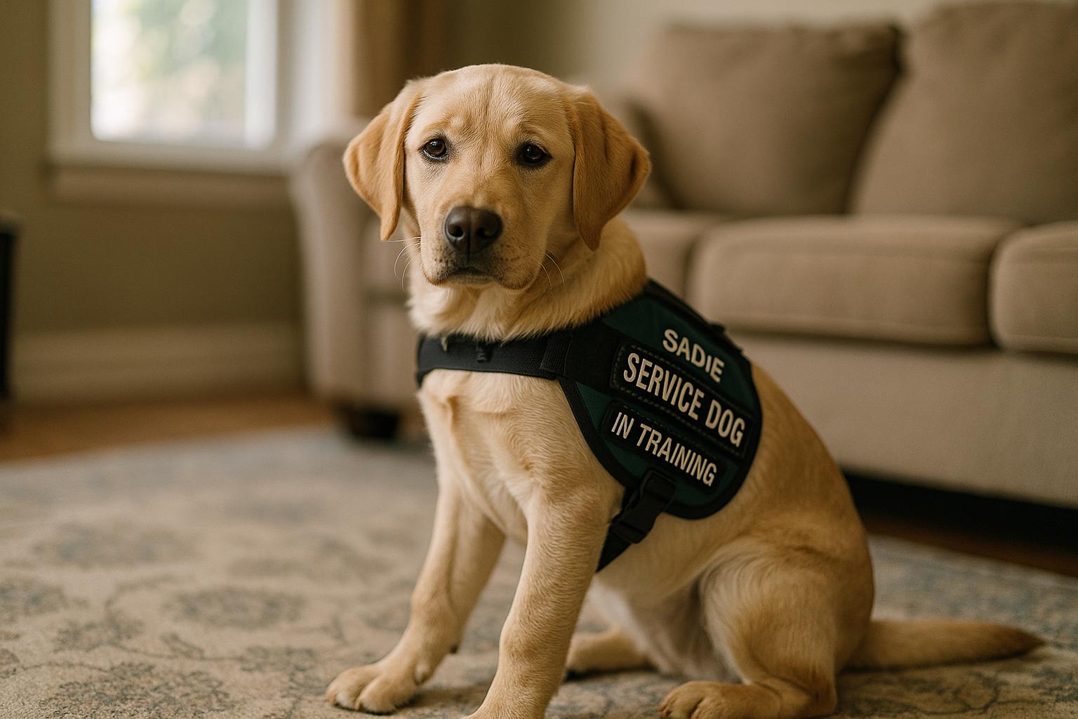 Sadie, a service dog in training, sitting in a volunteer puppy raiser's living room