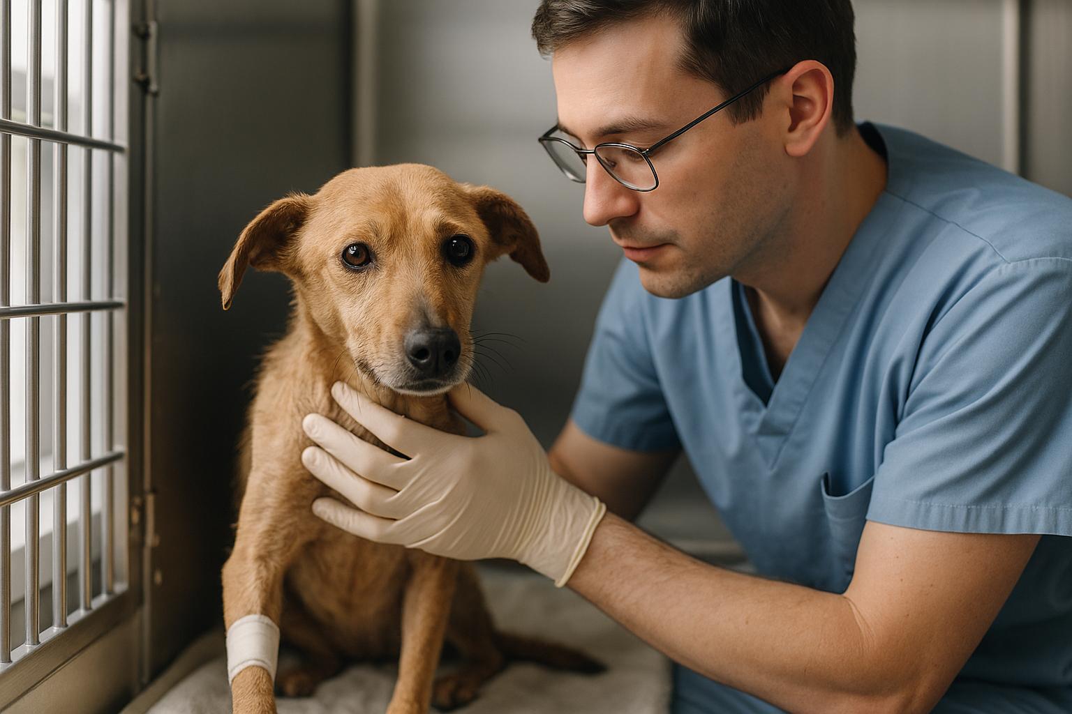 Libra, a thin six-year-old dog, resting on a clinic table while a veterinarian examines her