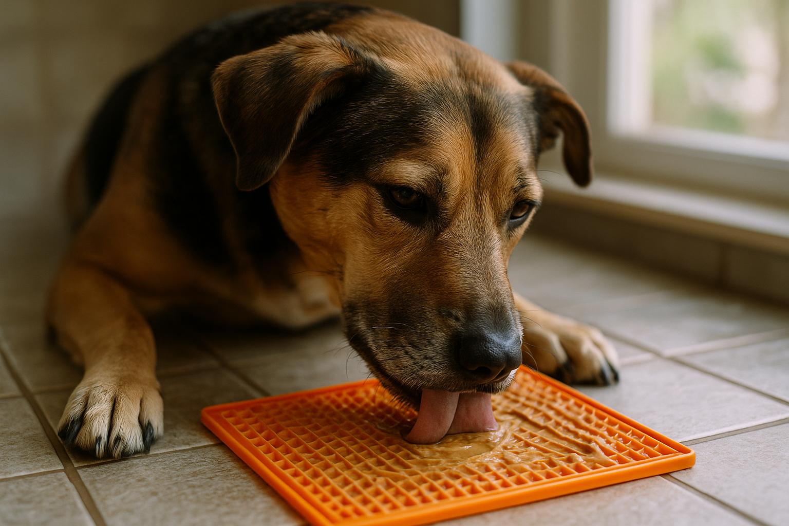 Adult mixed-breed dog licking a textured lick mat on a kitchen counter in natural window light