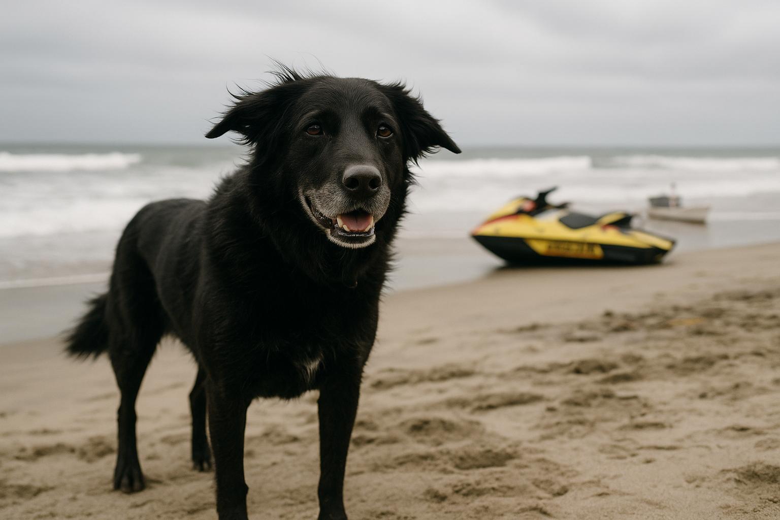 Sadie, a black lab mix, on Ocean Beach with lifeguard rescue watercraft in the background