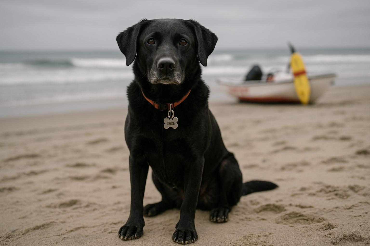 Sadie, a black Labrador retriever-mix, sitting on Mission Beach after rescue, with lifeguard equipment blurred behind her.