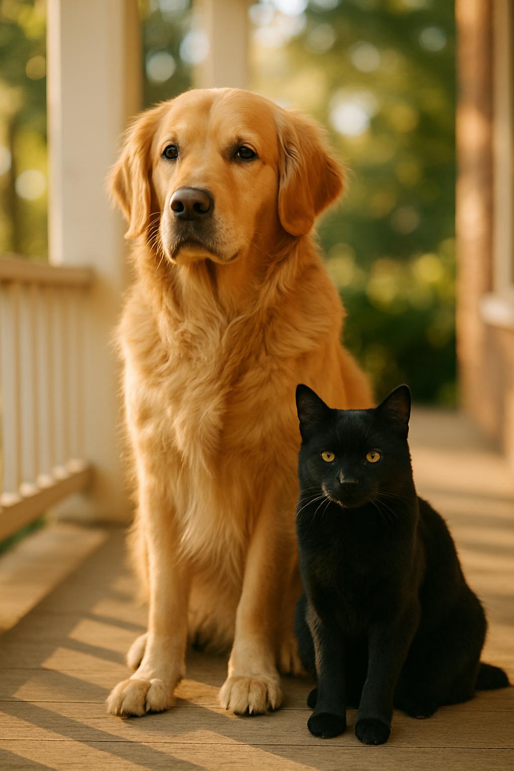 Golden Retriever and black cat on a sunlit porch, photorealistic image