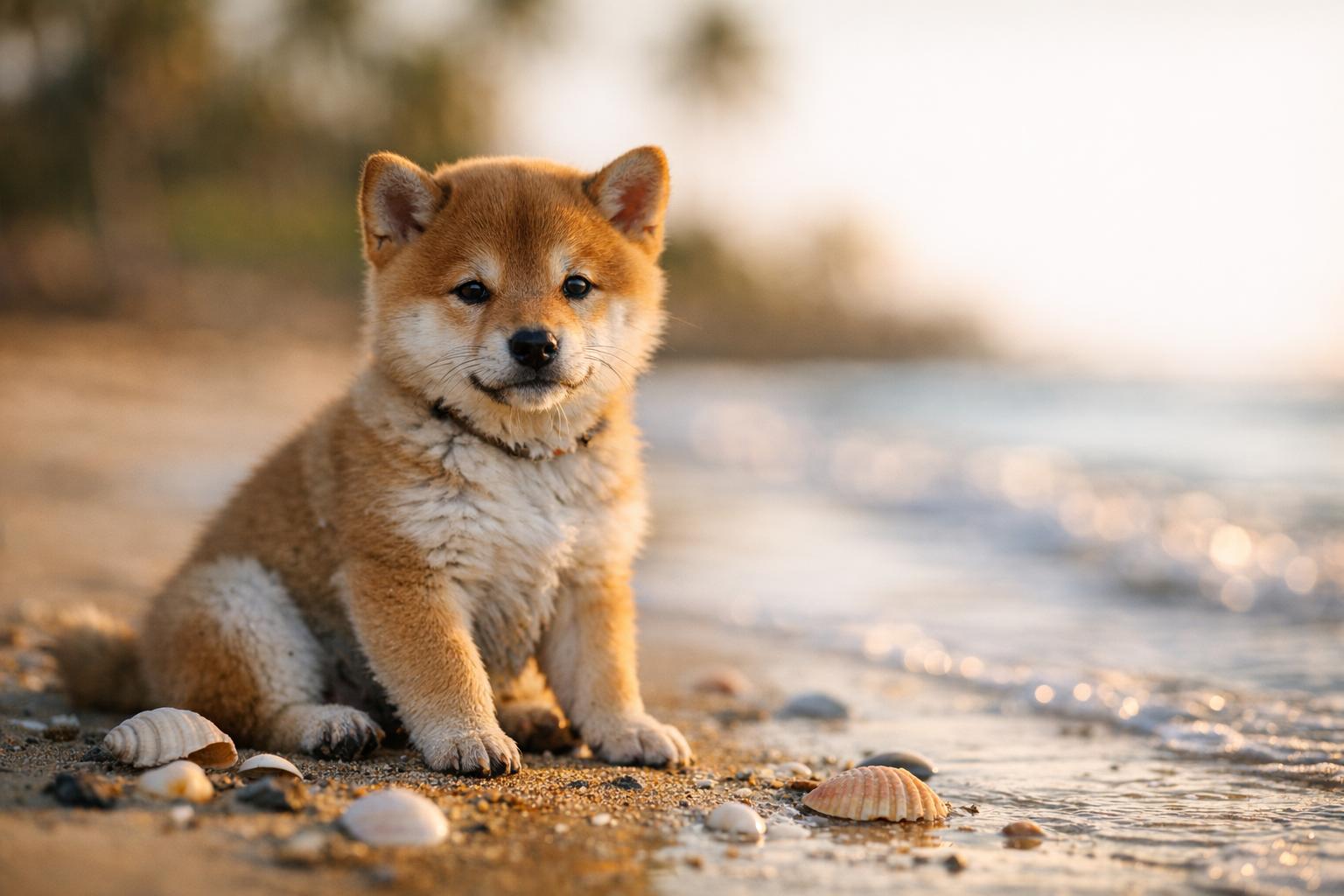 Shiba Inu puppy sitting on a tropical beach at golden hour, shallow depth of field, photorealistic