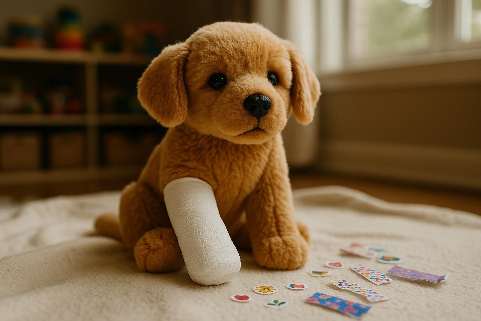 Plush Retriever puppy toy with a white cast on one leg, on a blanket with bandage accessories nearby