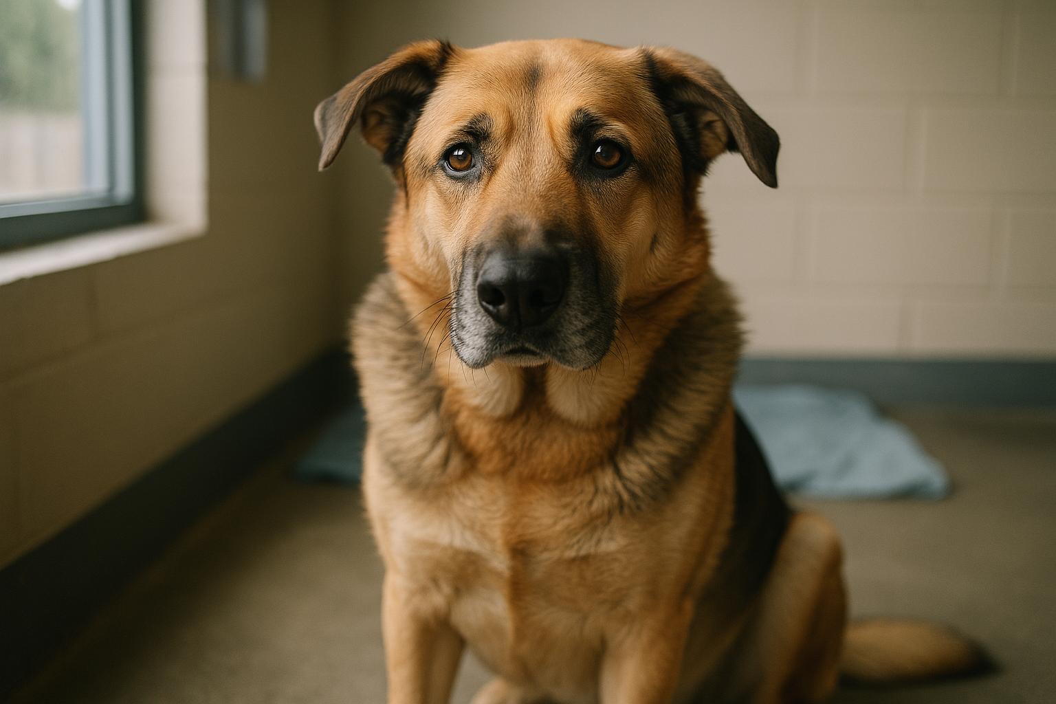 Turk, an 88-pound Shepherd Mix, sits calmly in a shelter adoption room with soft natural light.