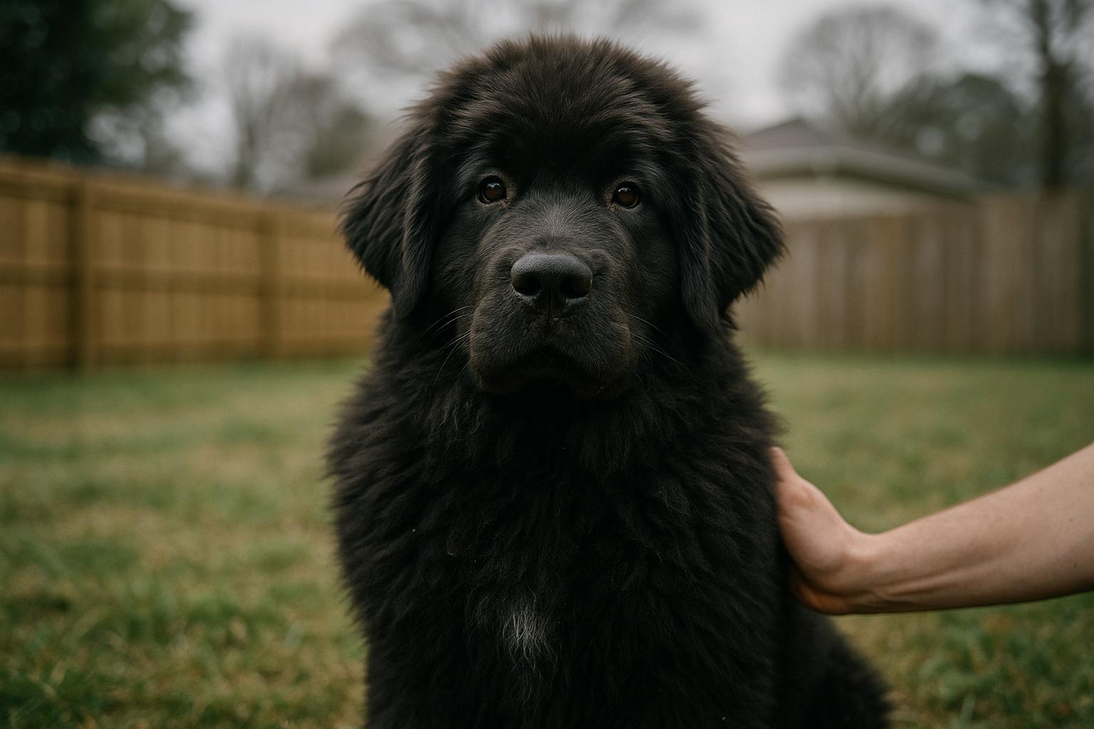 Mac, a young Newfoundland dog, sitting calmly in a fenced yard during training with a trainer's hand on his shoulder