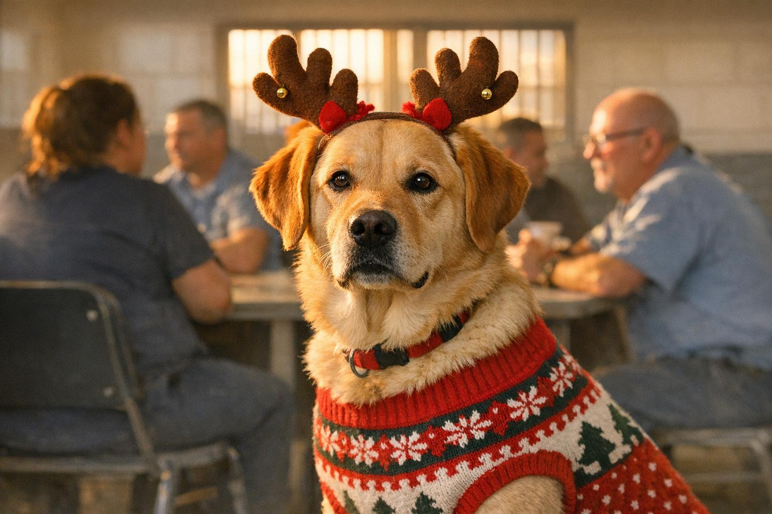 Teddy, a 1-year-old golden retriever/Labrador mix, wearing a holiday sweater and antlers in a visitation room at Logan Correctional Center