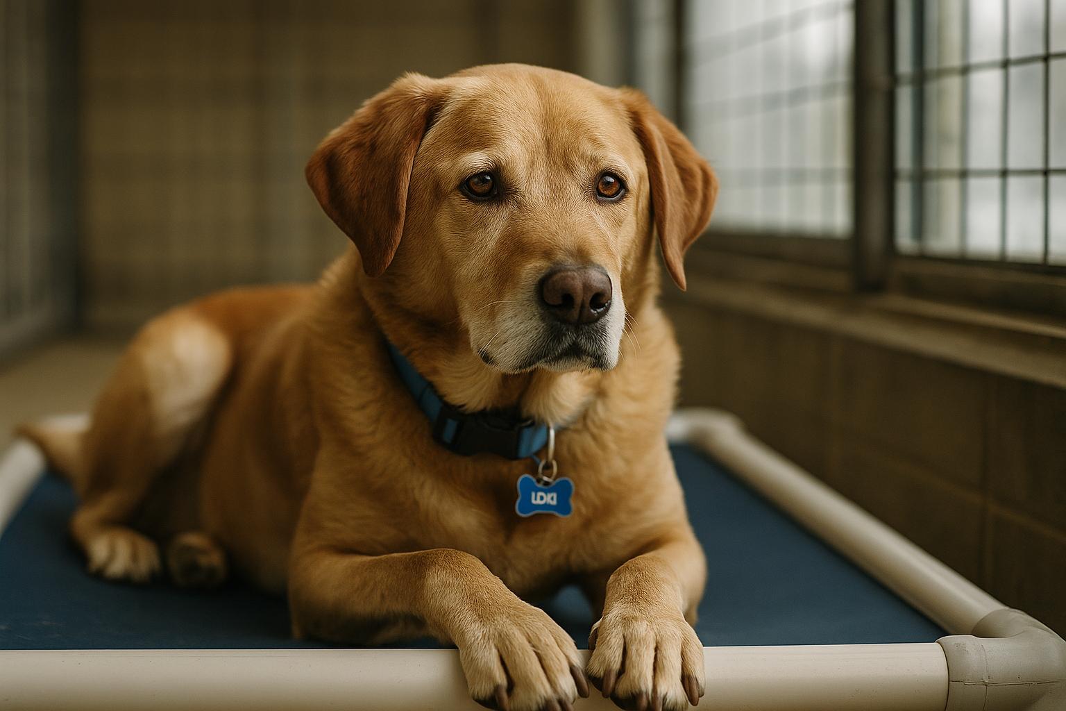 Loki, an 8-year-old retriever and labrador mix, resting on a bed in a shelter kennel at Second Chance Animal Services