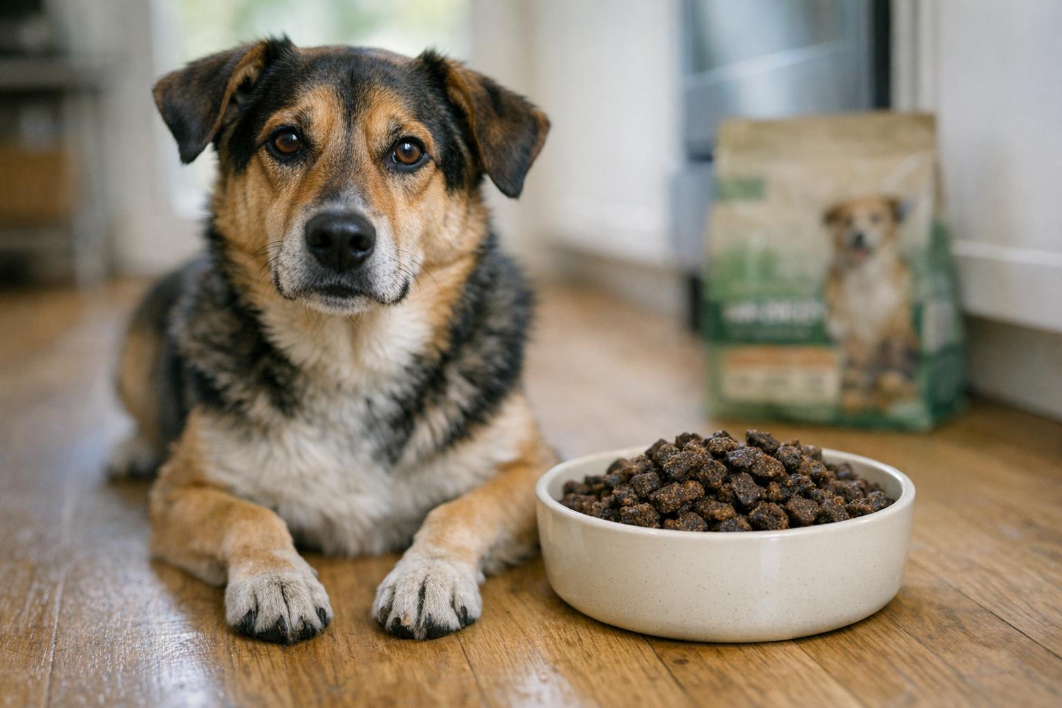 Mixed-breed dog beside a bowl of air-dried dog food on a kitchen floor
