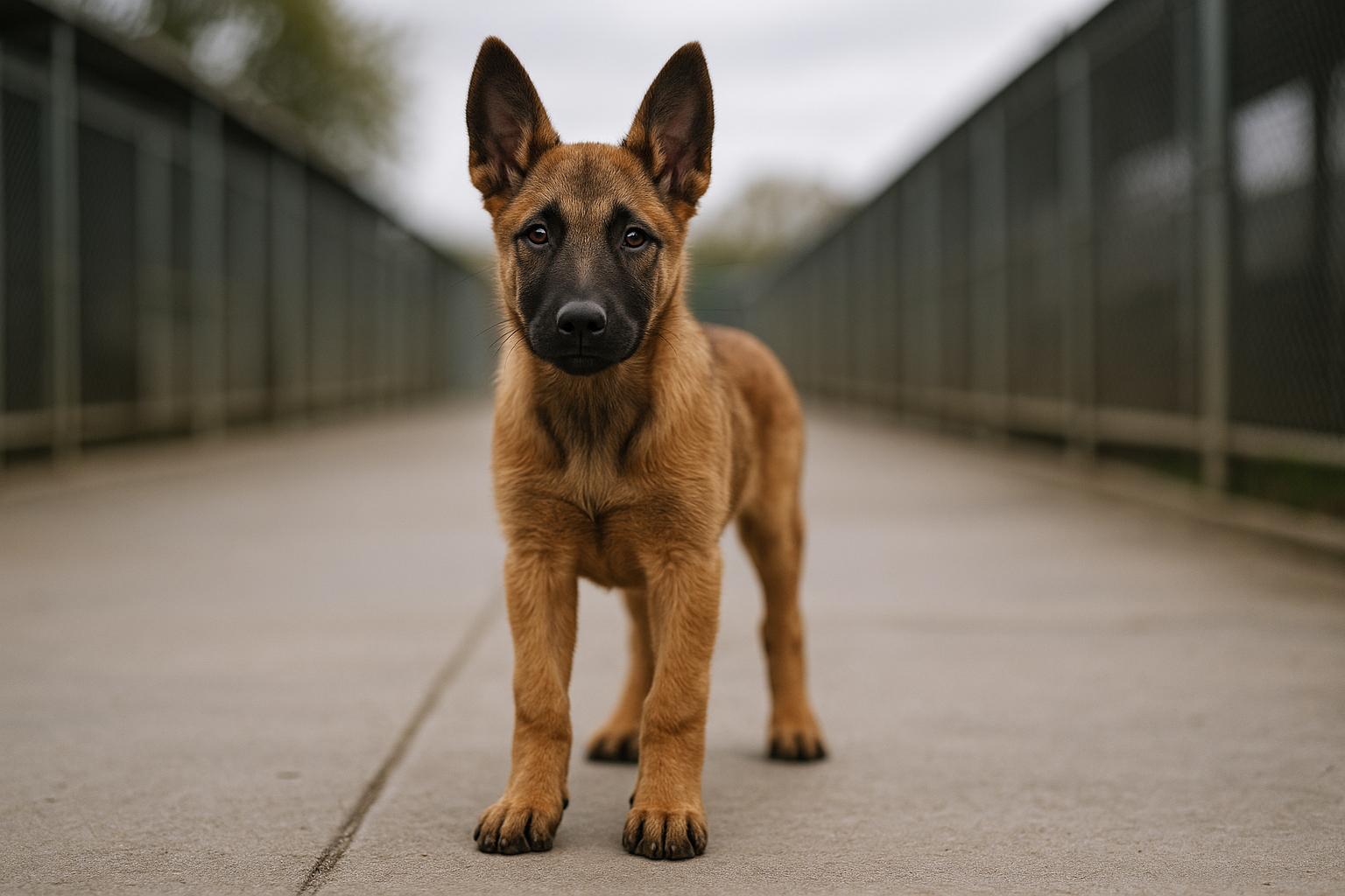 Five-month-old shepherd-Malinois puppy standing alert on a shelter walkway with kennel fencing blurred in background