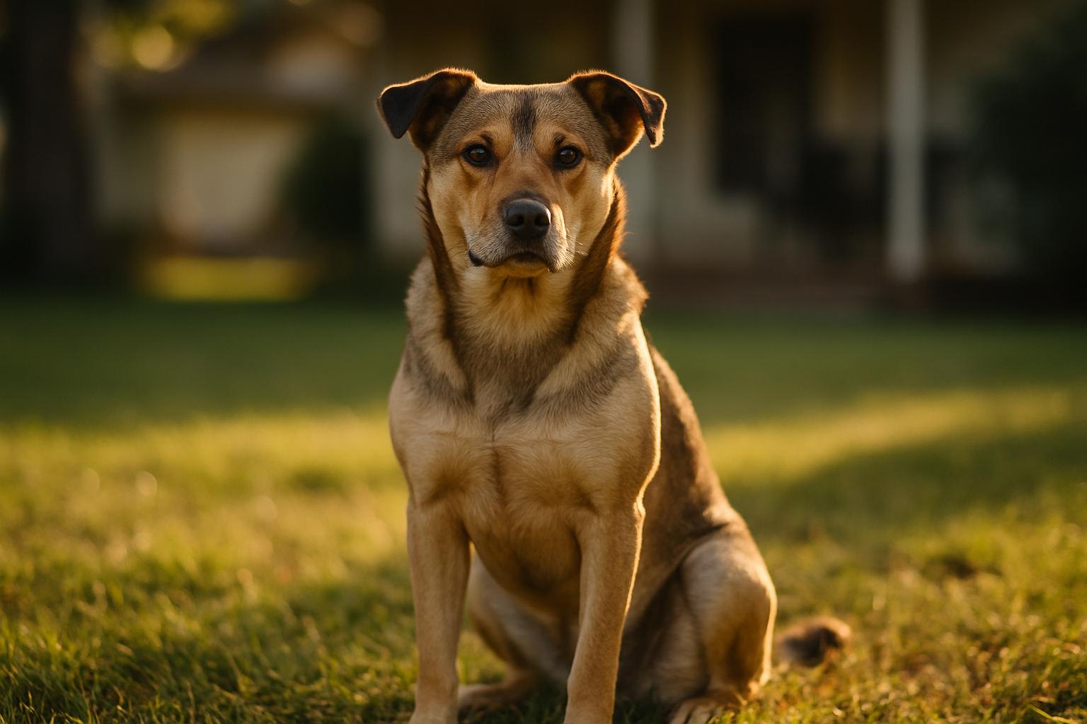 Healthy mixed-breed dog sitting in a sunlit backyard, portrait-style photograph.