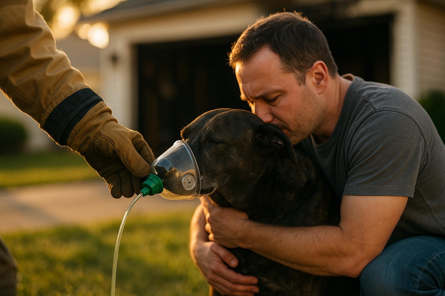 A family dog with short dark fur receiving oxygen on a front lawn while a firefighter and the owner tend to it outside a burned garage