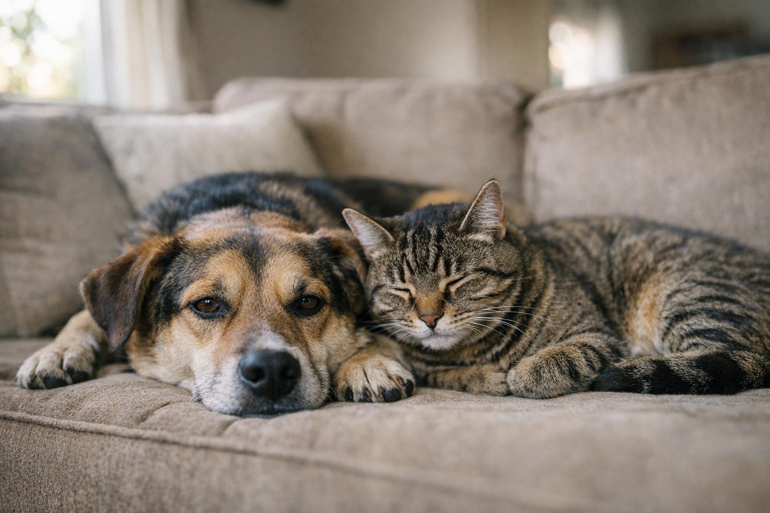A mixed-breed dog and a tabby cat resting together on a couch in a foster home