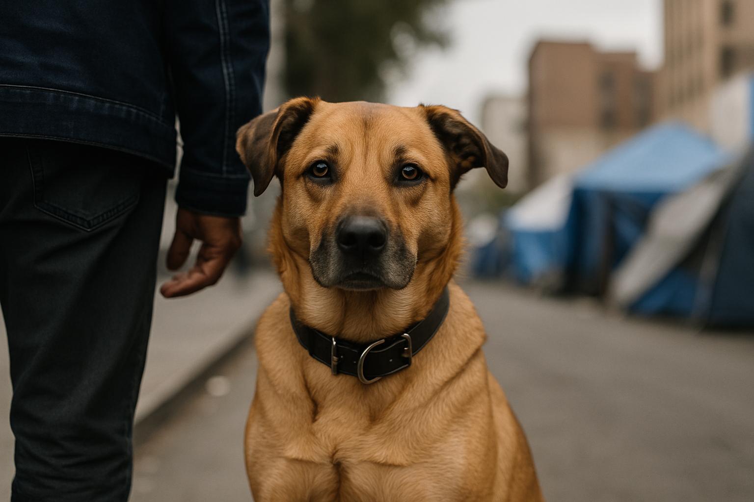 Mixed-breed dog with collar sitting beside owner on an urban sidewalk with tents blurred in the background.