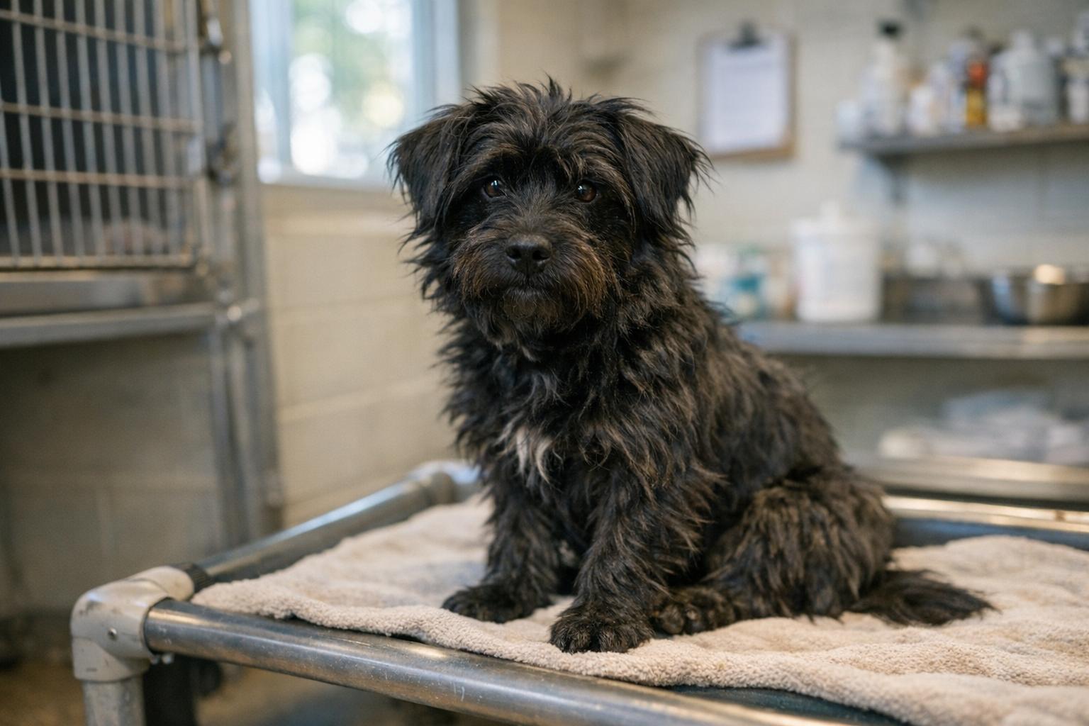 1-year-old black scruffy dog sitting in a shelter kennel, looking timid but calm