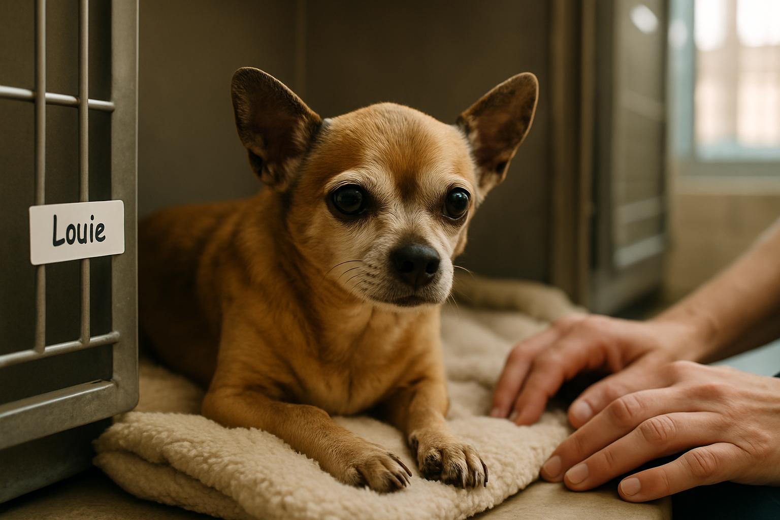Senior Chihuahua named Louie resting on a blanket in a shelter kennel, calm expression, being cared for by rescue staff