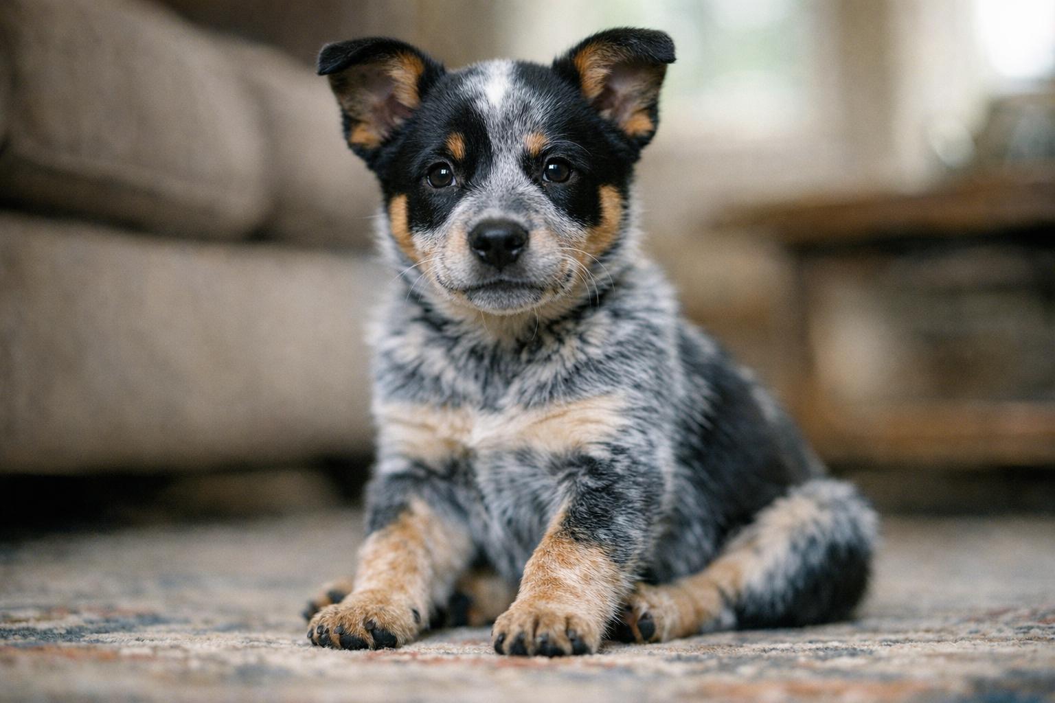 Four-month-old blue heeler puppy sitting on a rug in a living room, looking alert and calm