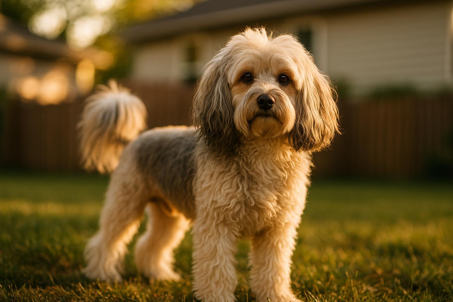 A Löwchen dog with a traditional lion-style trim sitting in a backyard at golden hour, close-up showing natural fur texture