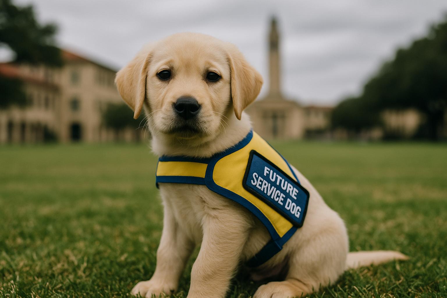A golden retriever or Labrador puppy wearing a yellow and blue 'future service dog' vest on the LSU campus lawn