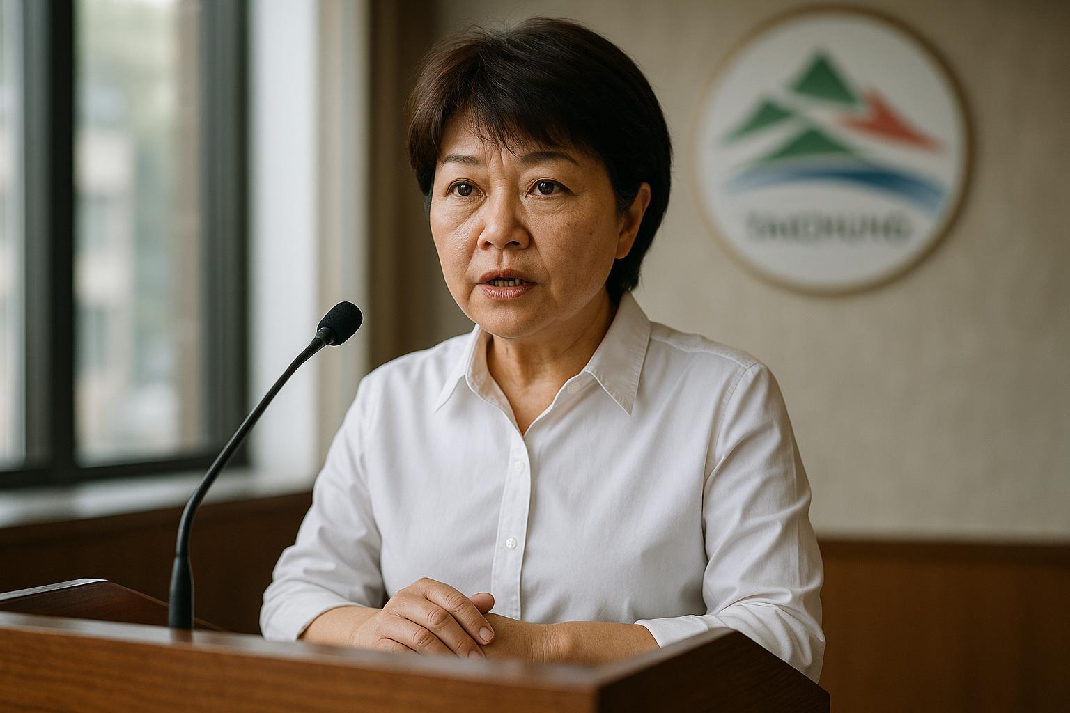 Lu Shiow-yen speaking at a lectern in a Taichung municipal office