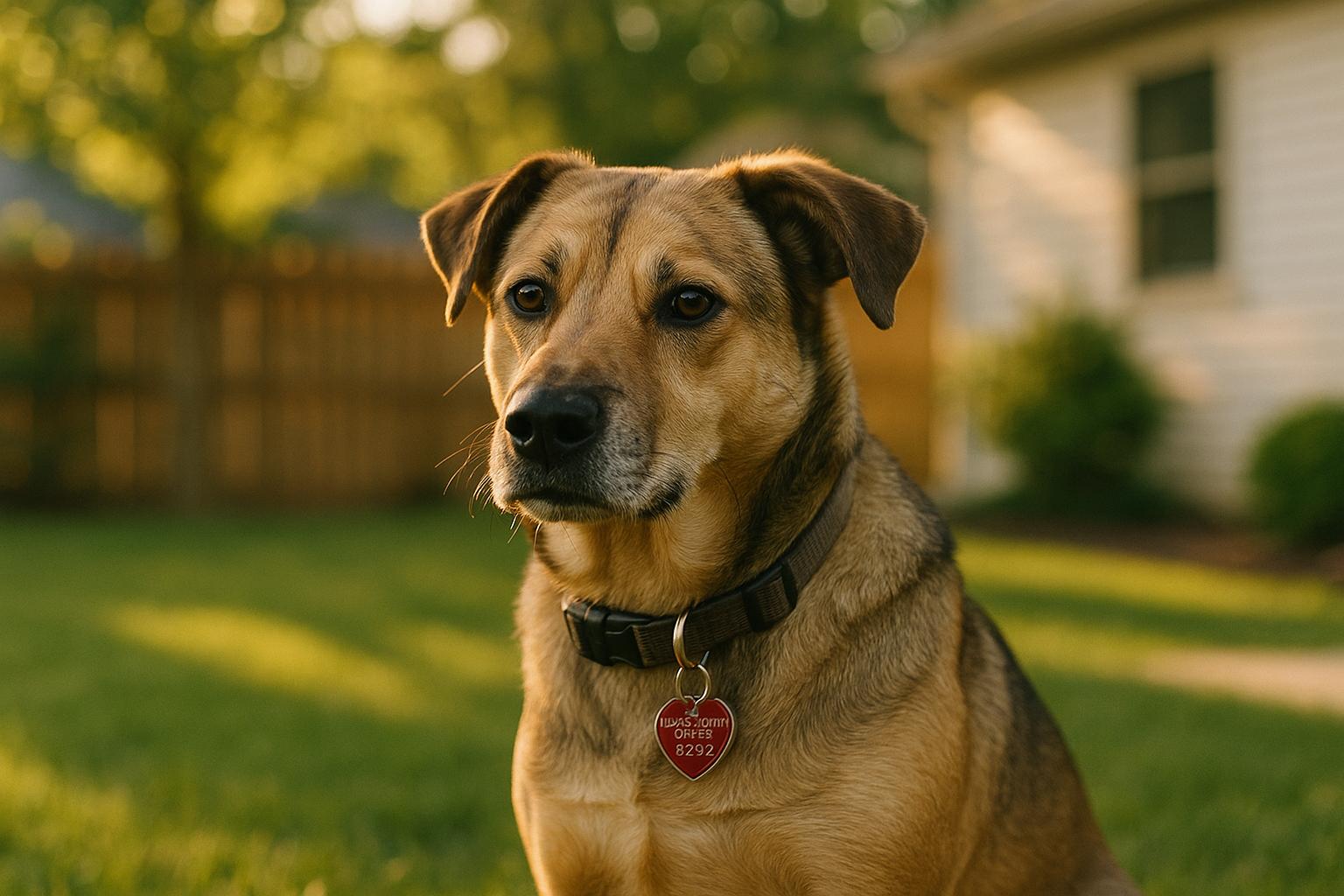 Mixed-breed dog wearing a Lucas County license tag on its collar in a backyard