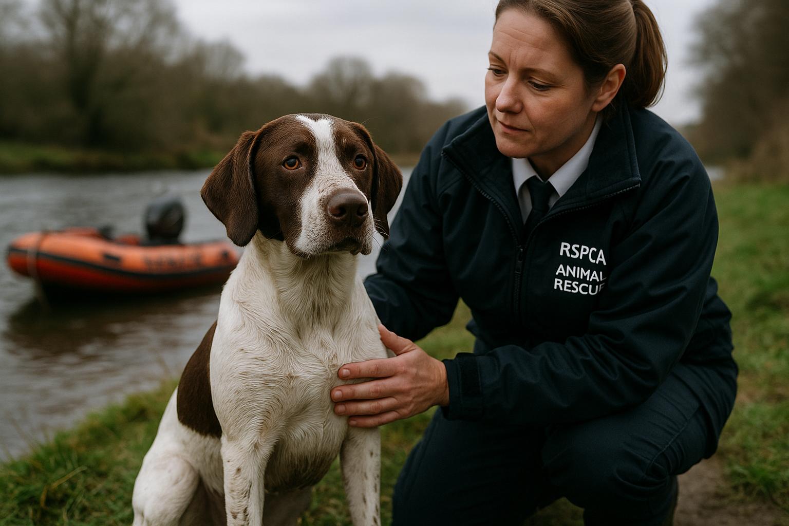 One-year-old liver and white pointer-labrador cross sitting on a riverbank after rescue, with an RSPCA officer and a rescue boat in the background.