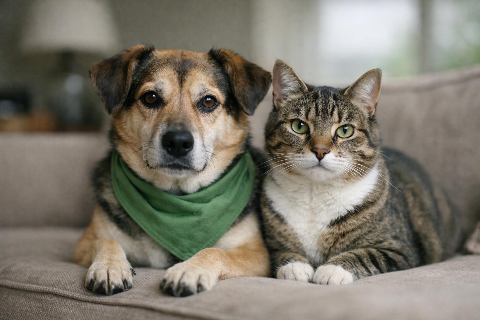 Mixed-breed dog and domestic short-haired cat sitting together on a sofa in soft natural light