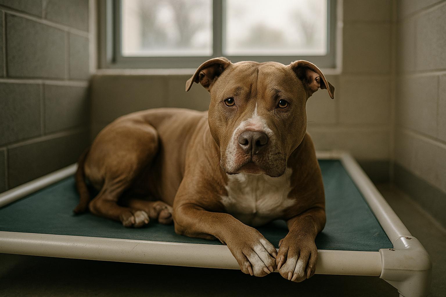 A pit bull-type dog resting on a bed in a shelter room with soft window light