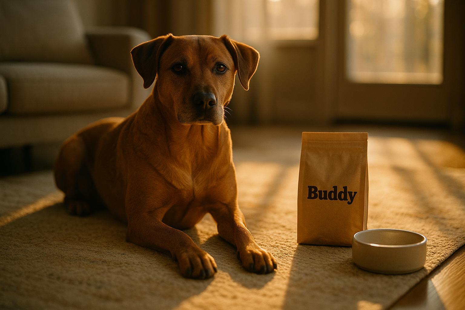 Rudder, a medium-sized short-coated brown dog, sits beside a packet labeled Buddy in a sunlit living room.