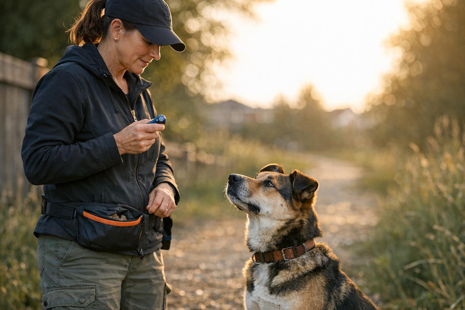 Dog trainer working with an attentive mixed-breed dog in a suburban backyard at golden hour